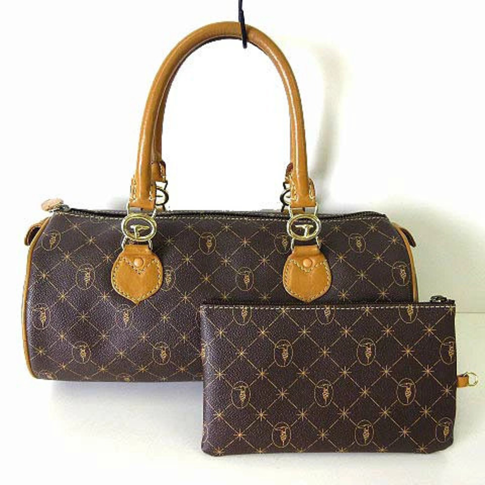 Trussardi Bag Handbag Boston Monogram Leather Handle Dark Brown